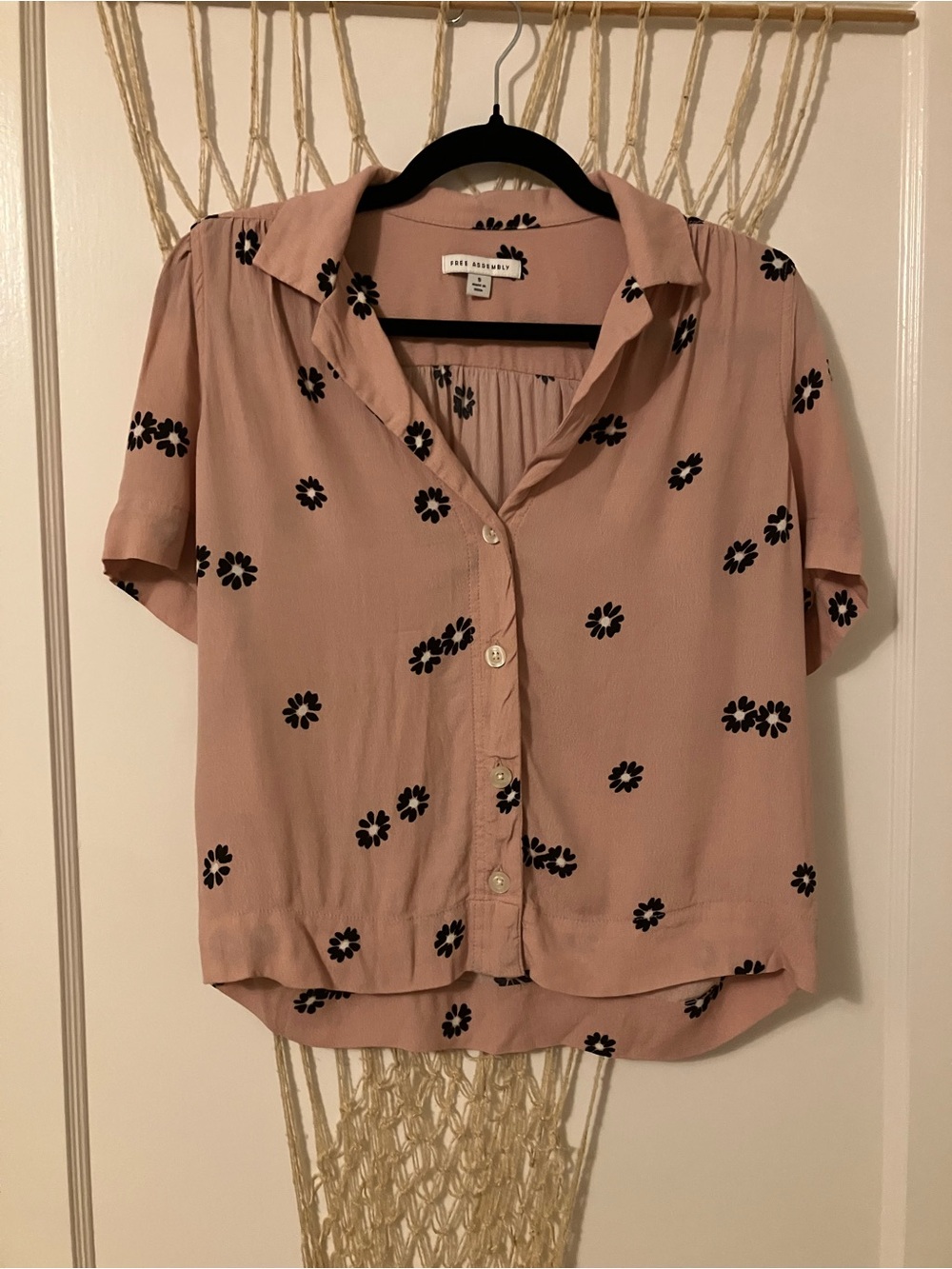 Blush Pink Short Sleeve Button-Front Blouse with Black Floral Motif